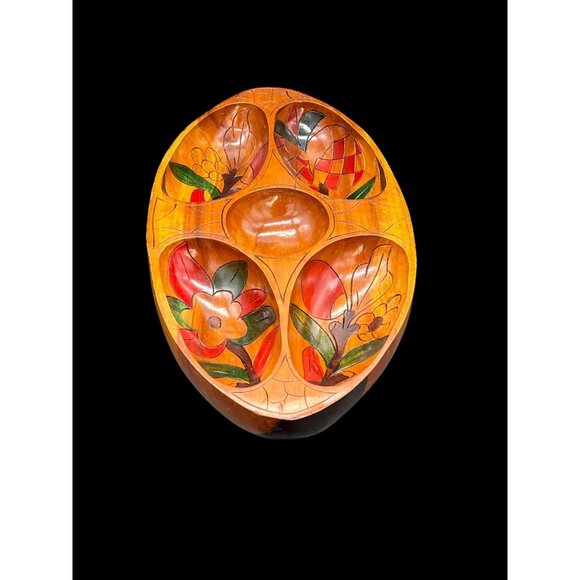 VTG MCM Hand-Carved Exotic Wood Divided Serving Bowl W/ Hand-Painted Floral Desi - Picture 2 of 13